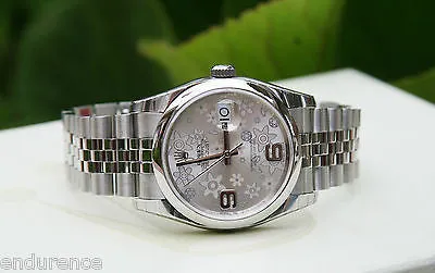 ROLEX MENS LADIES NEW DATEJUST WATCH 36mm SILVER FLORAL FLOWER DIAL STEEL