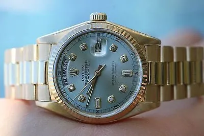 ROLEX MENS PRESIDENT 18K YELLOW GOLD 18038 SAPPHIRE QUICK SET BLUE DIAMOND DIAL