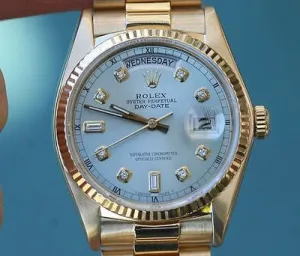 ROLEX MENS PRESIDENT 18K YELLOW GOLD 18038 SAPPHIRE QUICK SET BLUE DIAMOND DIAL