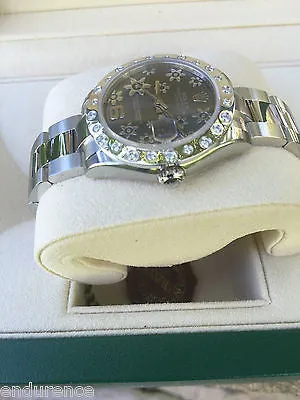 ROLEX MIDSIZE DATEJUST STEEL FLORAL DIAL CUSTOM SCATTERED DIAMOND BEZEL 178240