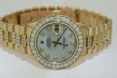ROLEX MIDSIZE PRESIDENT 18K YELLOW GOLD VINTAGE DIAMOND BEZEL PEARL DIAL BAND