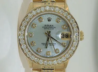 ROLEX MIDSIZE PRESIDENT 18K YELLOW GOLD VINTAGE DIAMOND BEZEL PEARL DIAL BAND