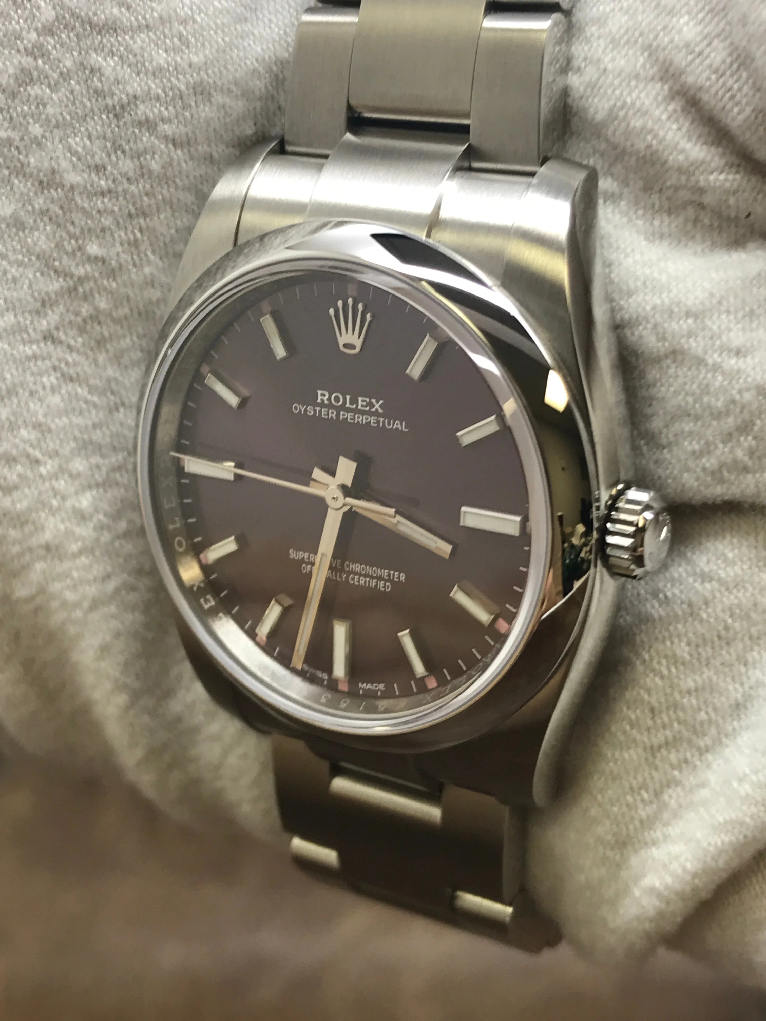 Rolex Oyster Perpetual 34mm 114200 Red Grape Dial Automatic Watch