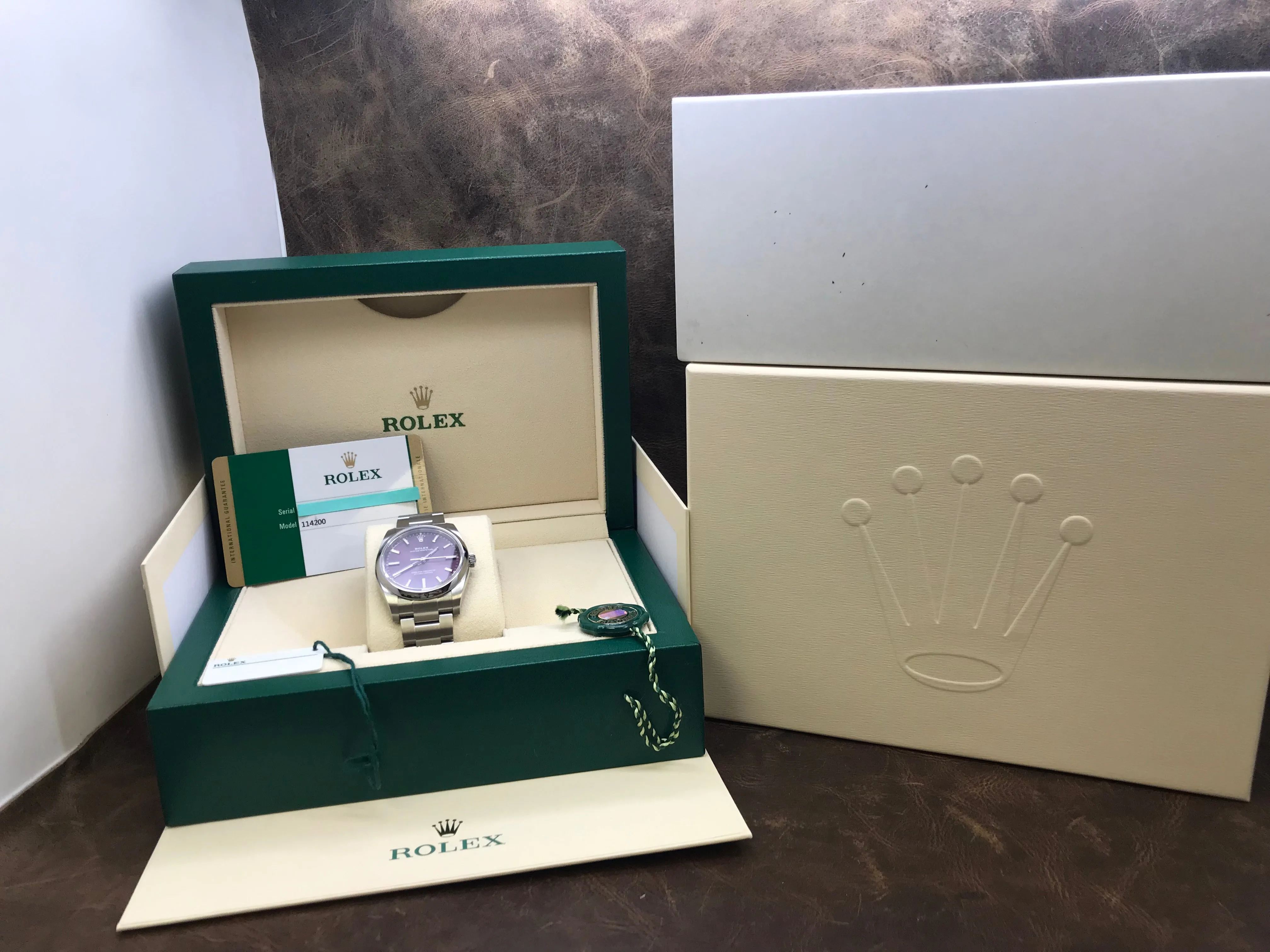 Rolex Oyster Perpetual 34mm 114200 Red Grape Dial Automatic Watch
