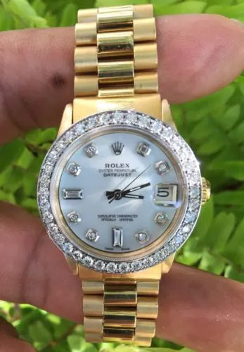ROLEX PRESIDENT 18k YELLOW  GOLD BAND MIDSIZE 31mm WHITEGOLD DIAMOND BEZEL 68278