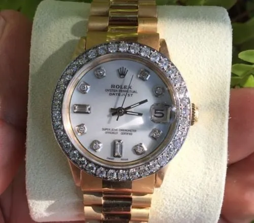 ROLEX PRESIDENT 18k YELLOW  GOLD BAND MIDSIZE 31mm WHITEGOLD DIAMOND BEZEL 68278
