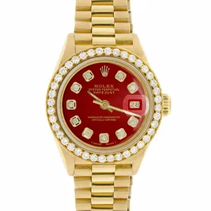Rolex President Date Just Ladies 18K Yellow Gold 26MM w/Red Diamond Dial & Bezel