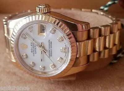 ROLEX PRESIDENT LADIES 18K GOLD MOTHER OF PEARL WHITE DIAMOND DIAL MODEL 179178