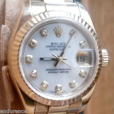 ROLEX PRESIDENT LADIES 18K GOLD MOTHER OF PEARL WHITE DIAMOND DIAL MODEL 179178