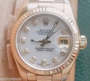 ROLEX PRESIDENT LADIES 18K GOLD MOTHER OF PEARL WHITE DIAMOND DIAL MODEL 179178