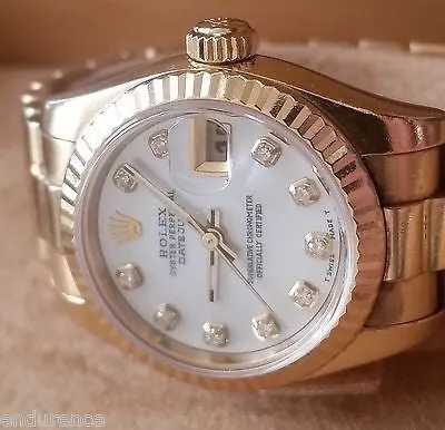 ROLEX PRESIDENT LADIES 18K GOLD MOTHER OF PEARL WHITE DIAMOND DIAL MODEL 179178
