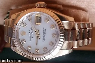 ROLEX PRESIDENT LADIES 18K GOLD MOTHER OF PEARL WHITE DIAMOND DIAL MODEL 179178