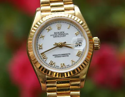 ROLEX PRESIDENT LADIES 26mm 18K YELLOW GOLD 69178 WHITE ROMAN DIAL USED
