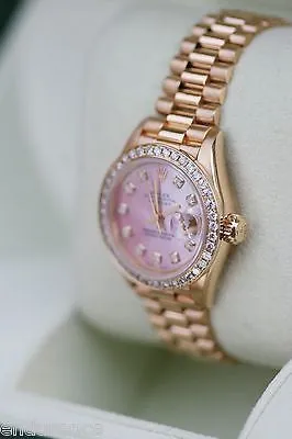 ROLEX PRESIDENT LADIES WOMENS 18K GOLD WATCH DIAMONDS PINK MOTHER OF PEARL