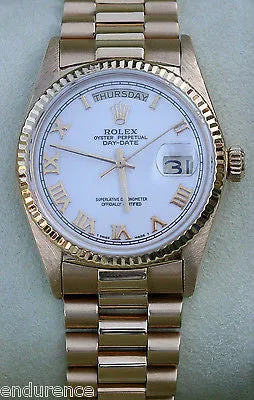 ROLEX PRESIDENT MENS 18K GOLD MODEL 18038 WHITE DIAL GOLD ROMAN NUMERALS