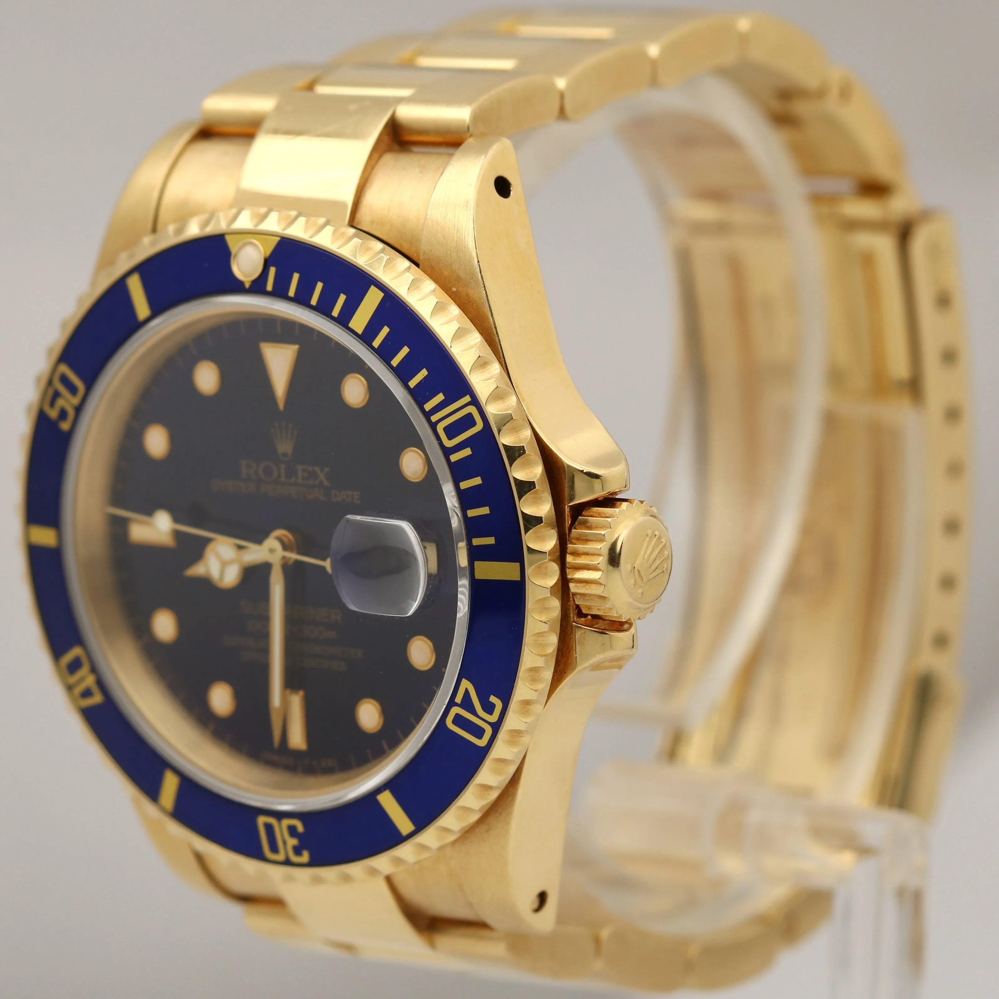 Rolex Submariner Date 18K Yellow Gold BLUE 40mm Automatic Dive 16618 Watch