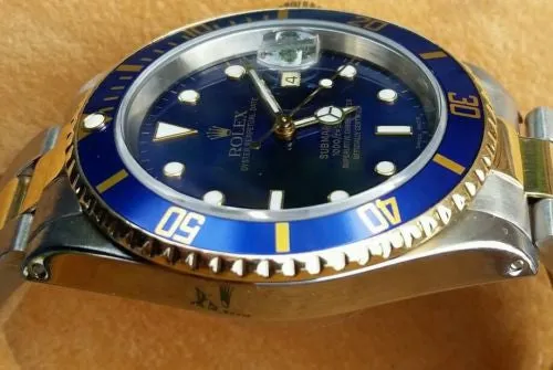 ROLEX SUBMARINER TWO TONE GOLD STAINLESS STEEL BLUE ON BLUE DIVER WATCH 16613