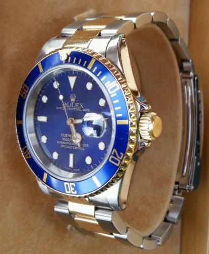 ROLEX SUBMARINER TWO TONE GOLD STAINLESS STEEL BLUE ON BLUE DIVER WATCH 16613