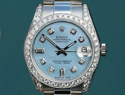 ROLEX WATCH DATEJUST MIDSIZE LADIES 178240 BLUE MOP DIAMOND DIAL BEZEL LUGS