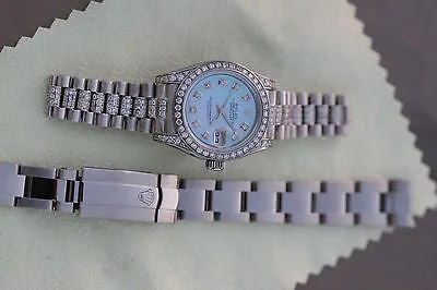 ROLEX WATCH LADIES DATEJUST 18K WHITE GOLD DIAMOND BAND BEZEL DIAL LUGS 179160