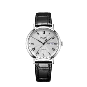 Rotary Gents Stainless Steel Day/Date Black Leather Strap Watch