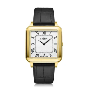 Rotary Gents Yellow Gold Plated Square Dial Black Leather Watch