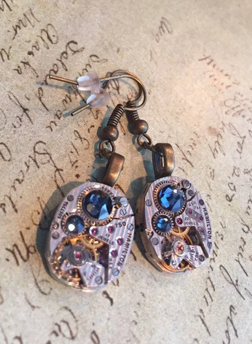 Steampunk earrings watch parts Hamilton movements Deep Blue earrings Steampunk Watch movement Handmade Bridesmaid Gift Birthday for her