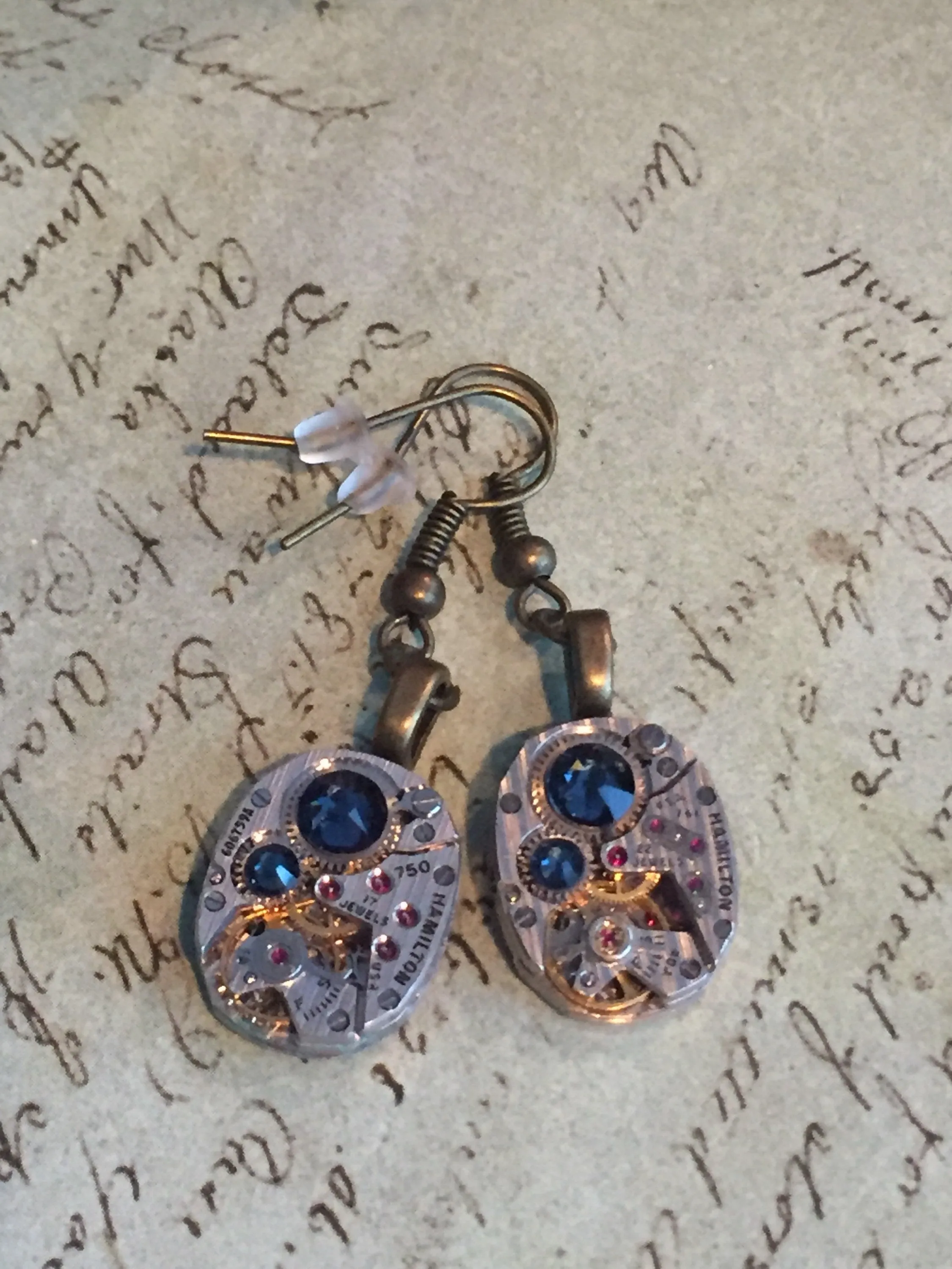 Steampunk earrings watch parts Hamilton movements Deep Blue earrings Steampunk Watch movement Handmade Bridesmaid Gift Birthday for her