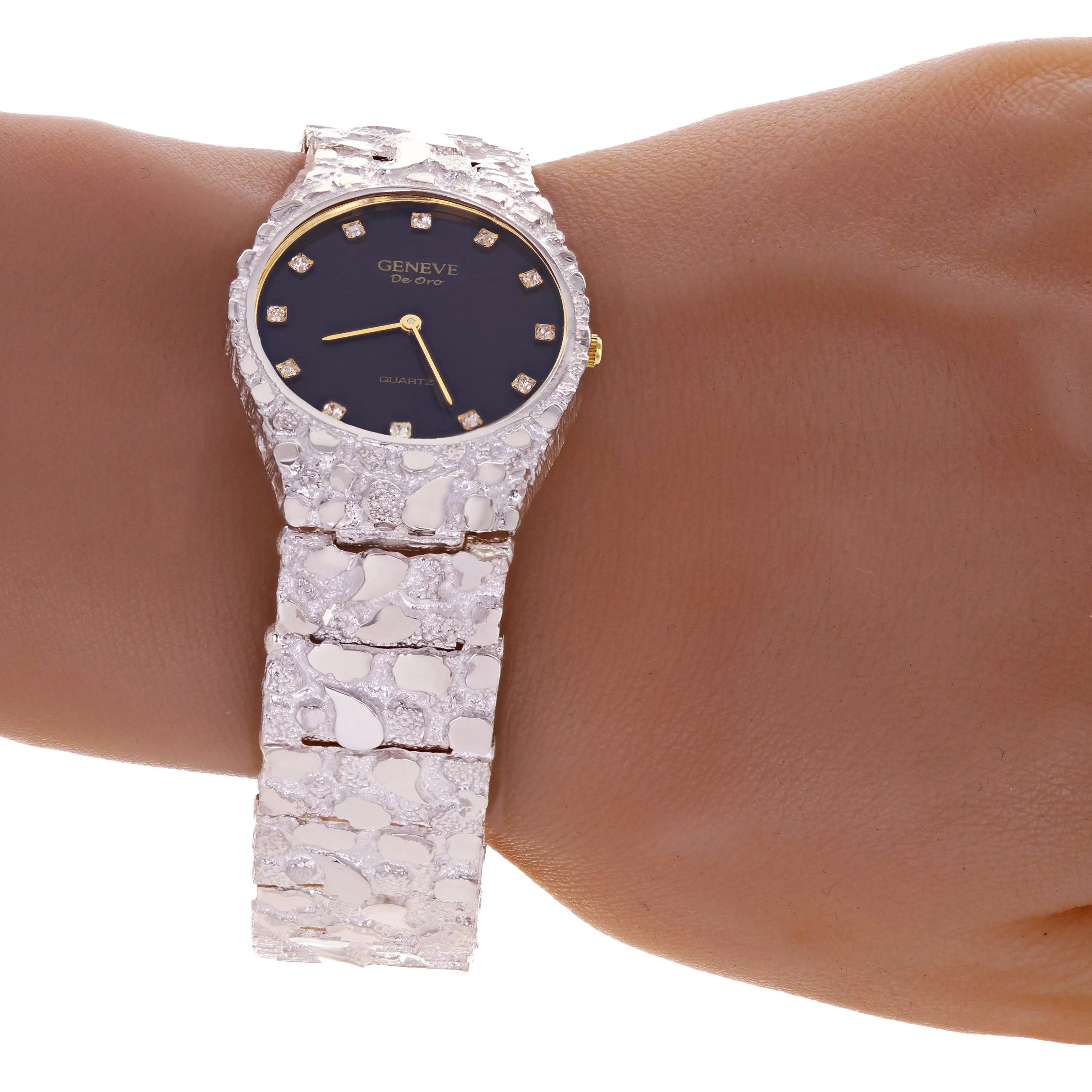 Sterling Silver Nugget Wrist Watch Geneve Diamond Watch 7" - 8.5" Straight Band