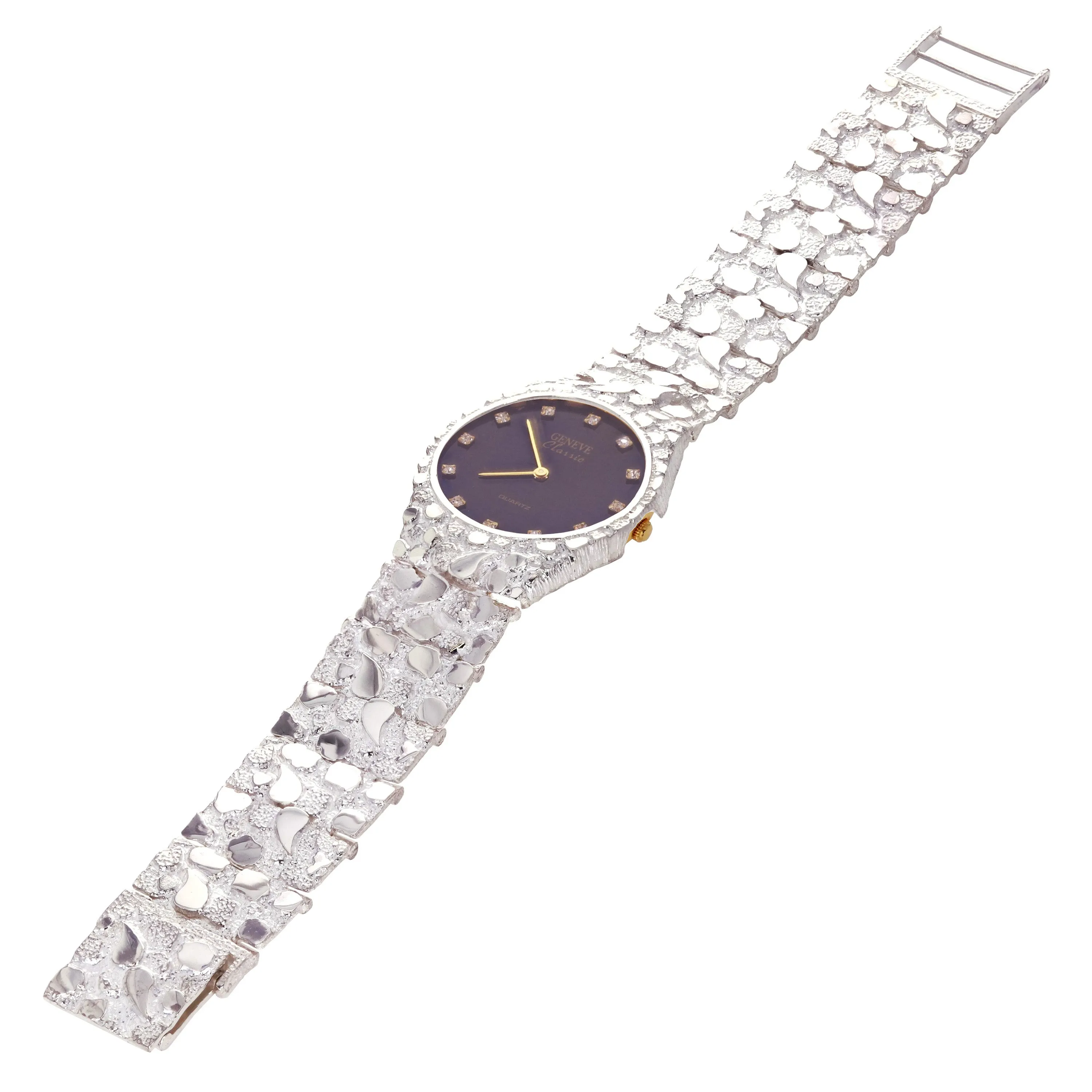 Sterling Silver Nugget Wrist Watch Geneve Diamond Watch 7" - 8.5" Straight Band