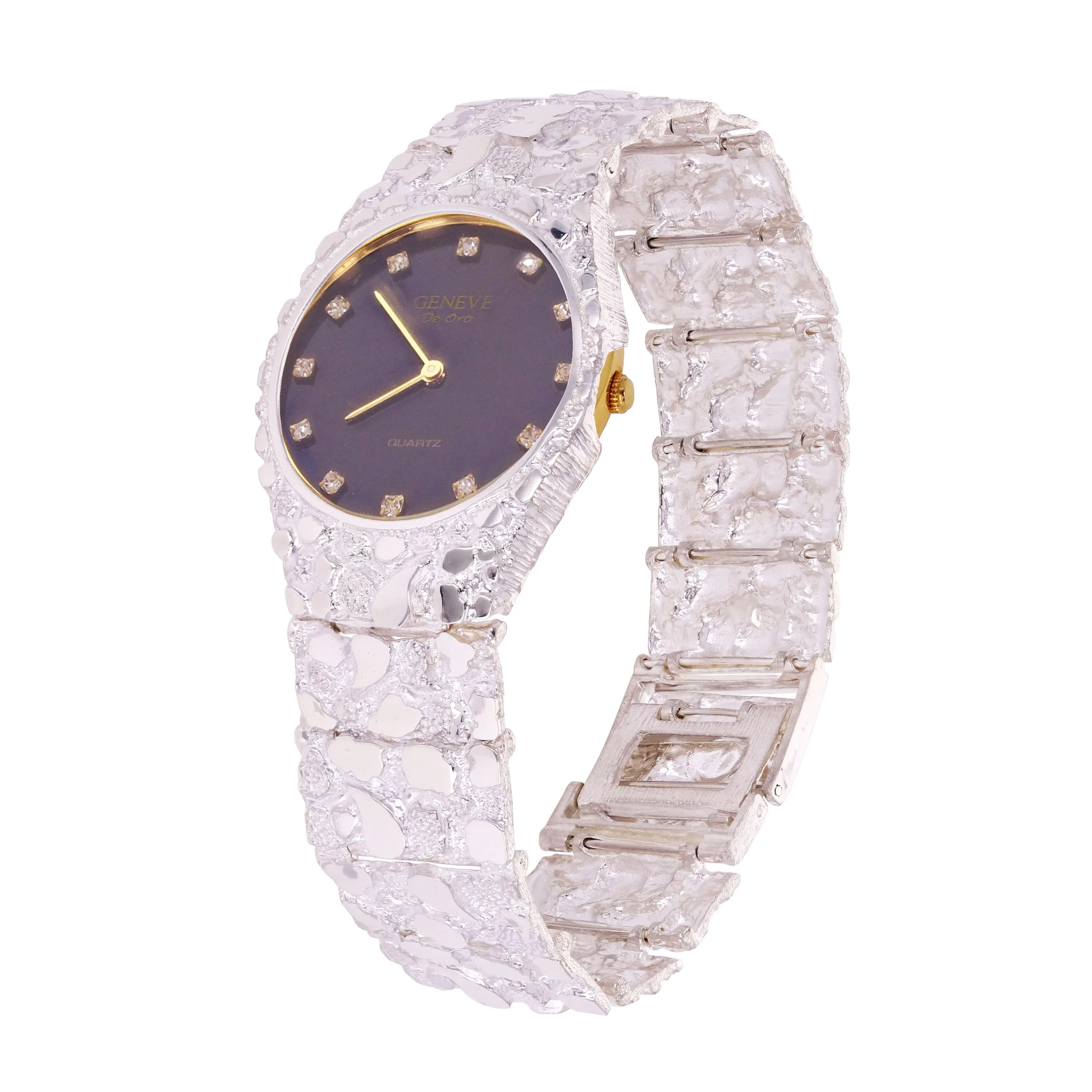 Sterling Silver Nugget Wrist Watch Geneve Diamond Watch 7" - 8.5" Straight Band