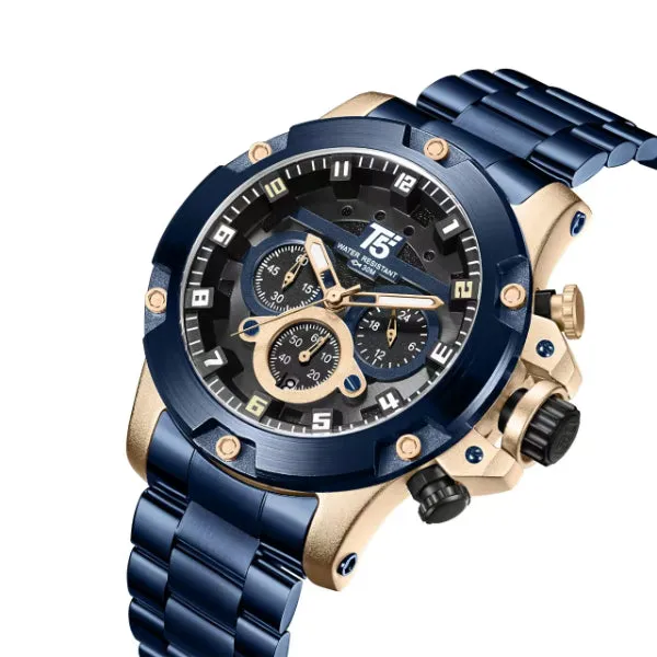 T5 Blue Stainless Steel Grey Dial Chronograph Quartz Watch for Gents - H3760G-E