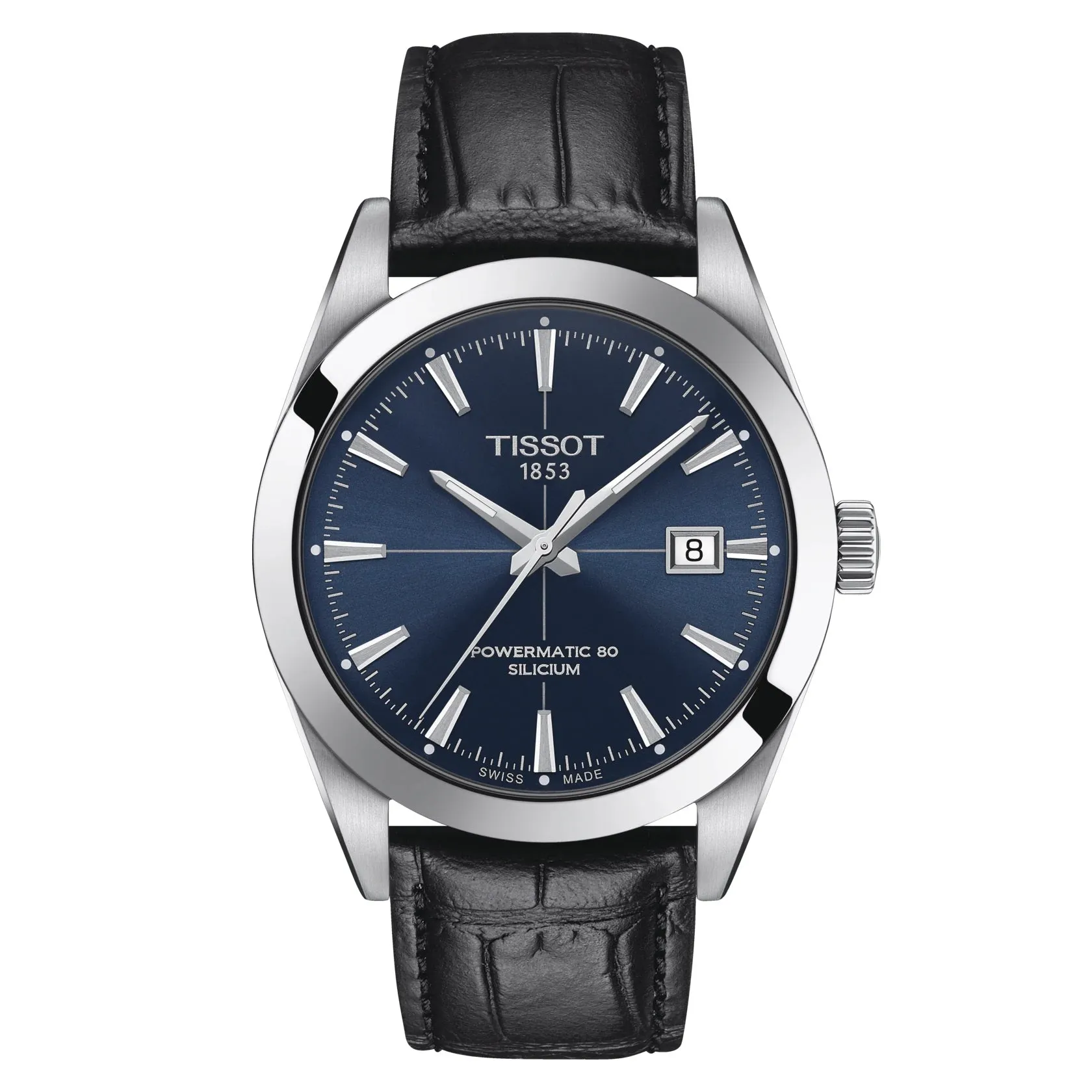 Tissot Gentlement Powermatic 80 Silicium Men's Silver Tone Black Leather Strap Watch