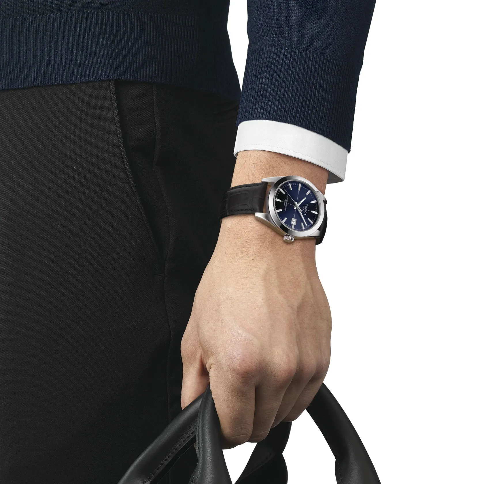 Tissot Gentlement Powermatic 80 Silicium Men's Silver Tone Black Leather Strap Watch