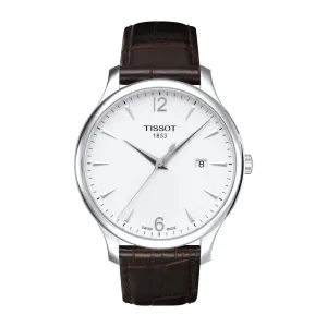 Tissot Tradition Mens Stainless Steel White Dial Brown Leather Strap Watch