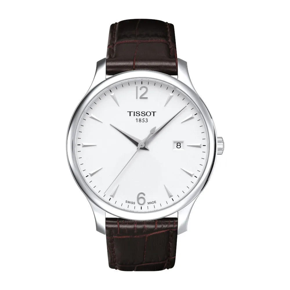 Tissot Tradition Mens Stainless Steel White Dial Brown Leather Strap Watch