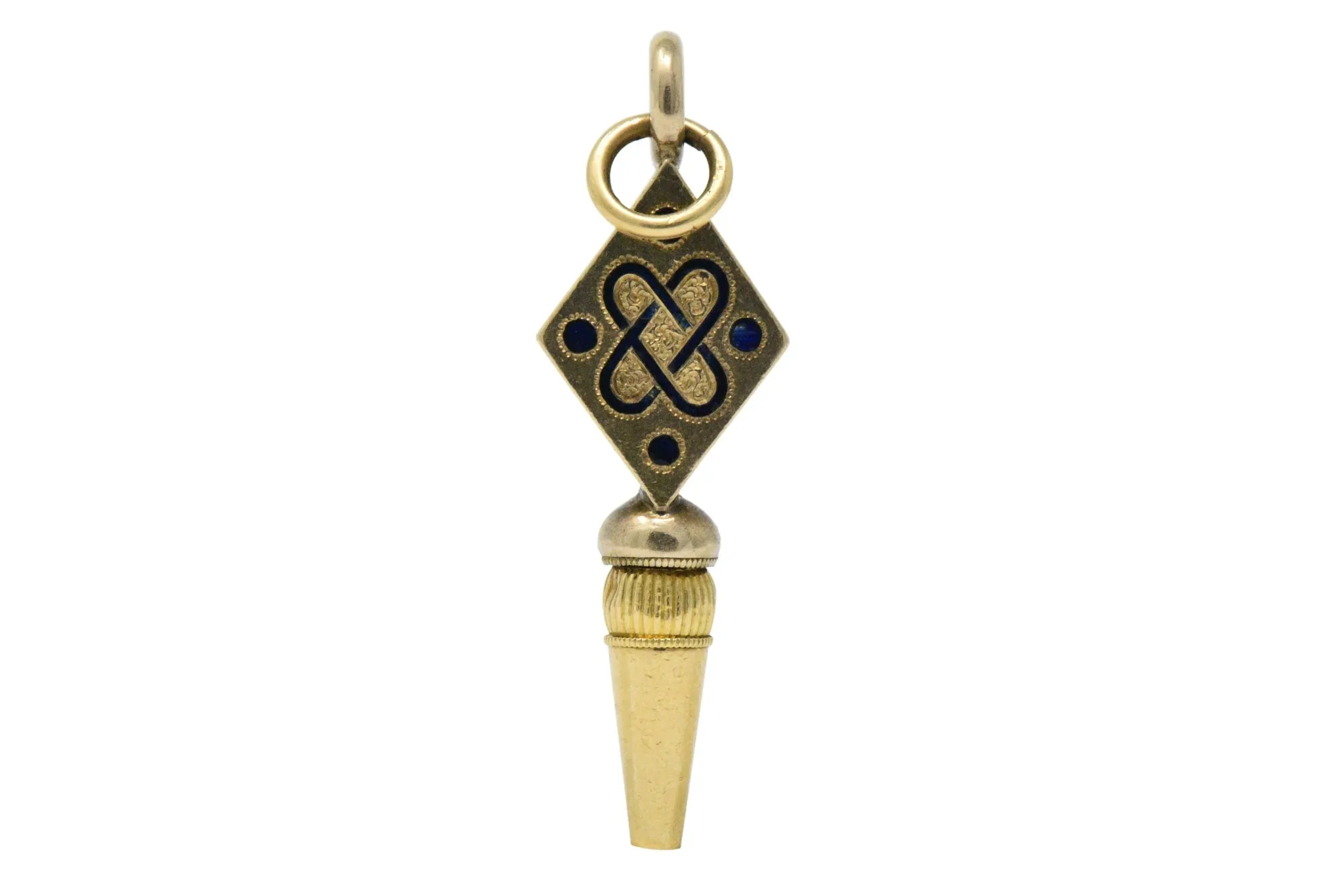 Victorian Celtic Knot Diamond Enamel And 14 Karat Gold Watch Key Pendant