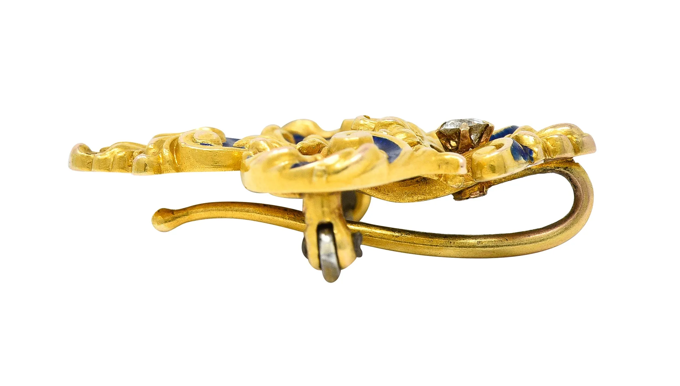 Victorian Old European Cut Diamond Enamel 18 Karat Yellow Gold Fleur-De-Lis Crown Antique Brooch