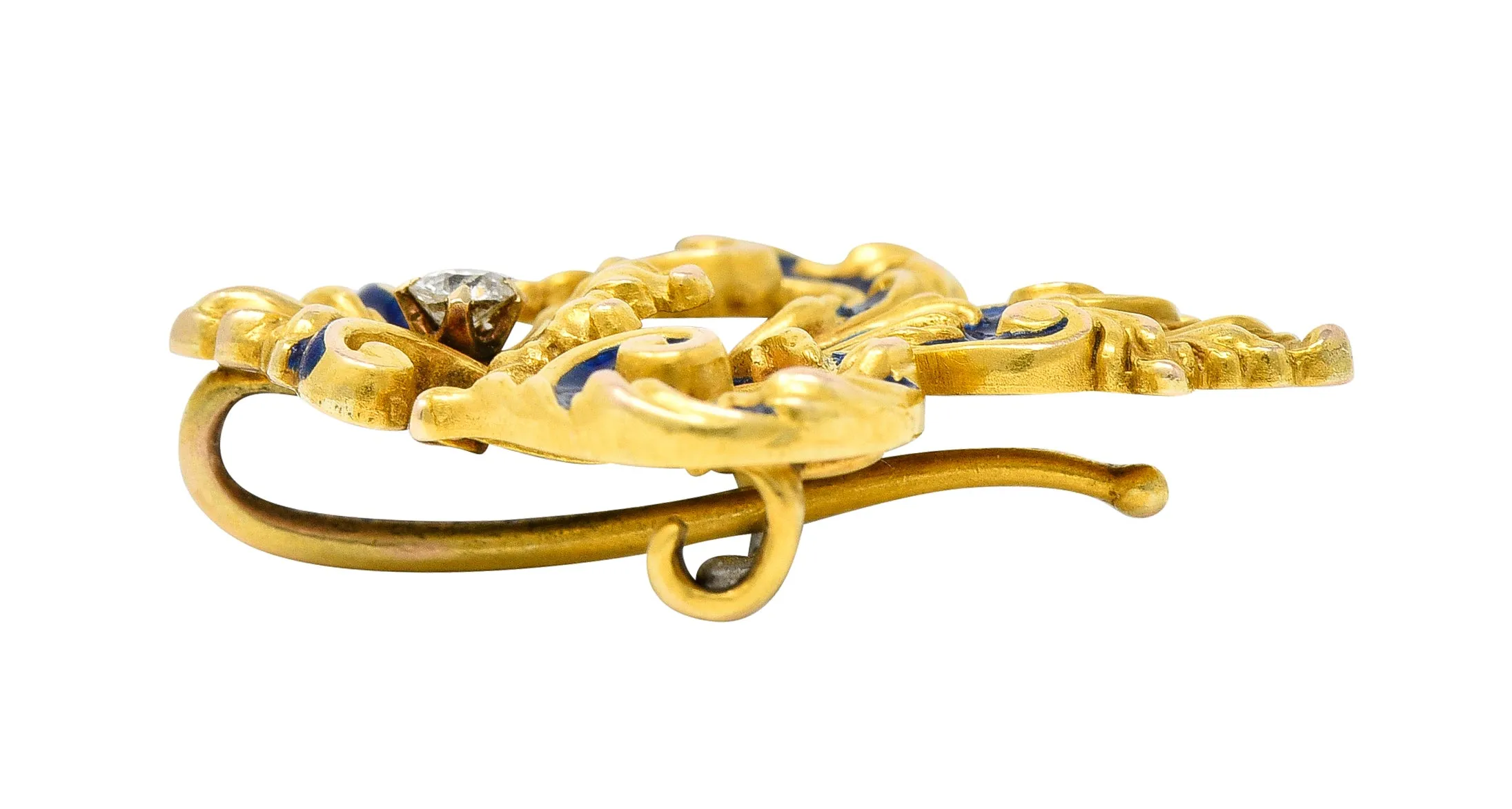 Victorian Old European Cut Diamond Enamel 18 Karat Yellow Gold Fleur-De-Lis Crown Antique Brooch
