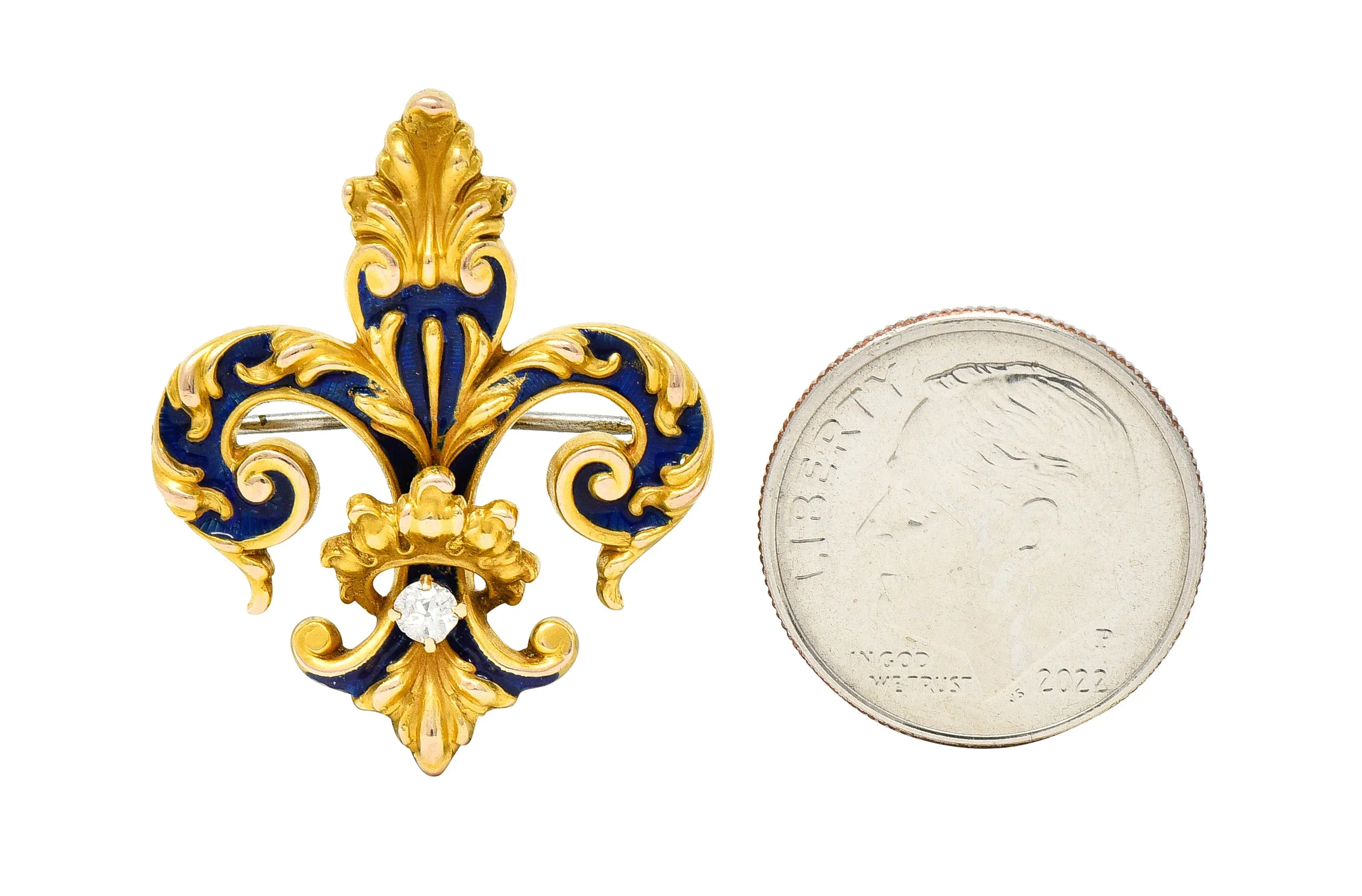 Victorian Old European Cut Diamond Enamel 18 Karat Yellow Gold Fleur-De-Lis Crown Antique Brooch