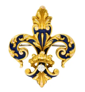 Victorian Old European Cut Diamond Enamel 18 Karat Yellow Gold Fleur-De-Lis Crown Antique Brooch