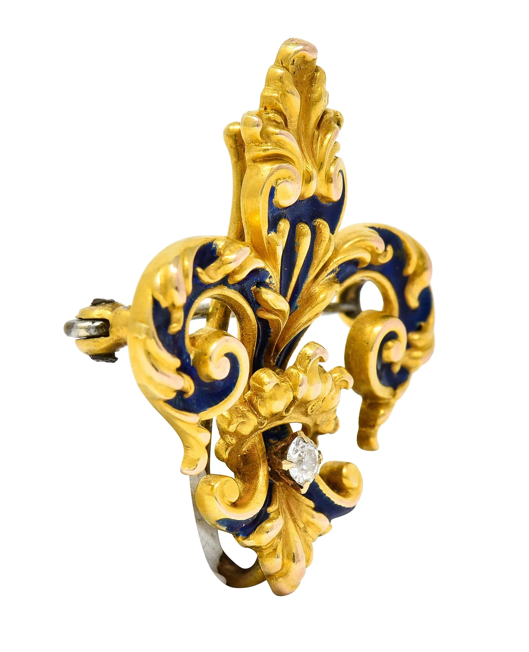 Victorian Old European Cut Diamond Enamel 18 Karat Yellow Gold Fleur-De-Lis Crown Antique Brooch