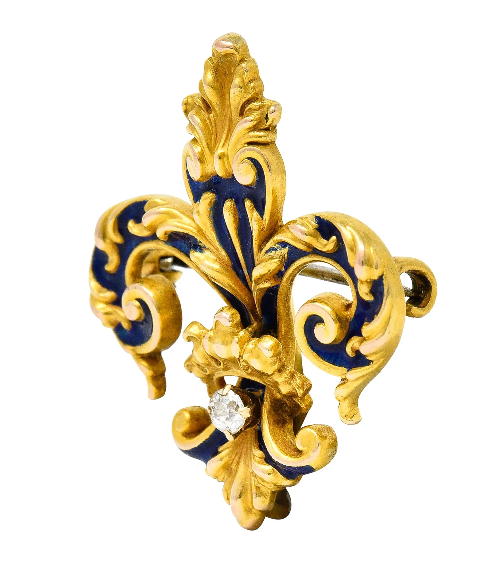 Victorian Old European Cut Diamond Enamel 18 Karat Yellow Gold Fleur-De-Lis Crown Antique Brooch