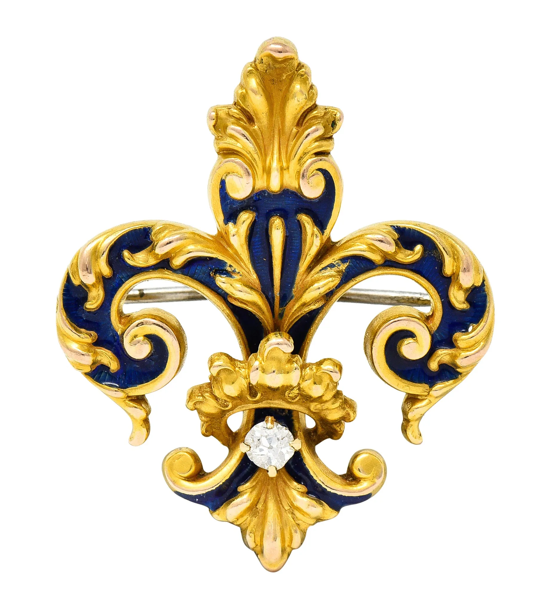 Victorian Old European Cut Diamond Enamel 18 Karat Yellow Gold Fleur-De-Lis Crown Antique Brooch
