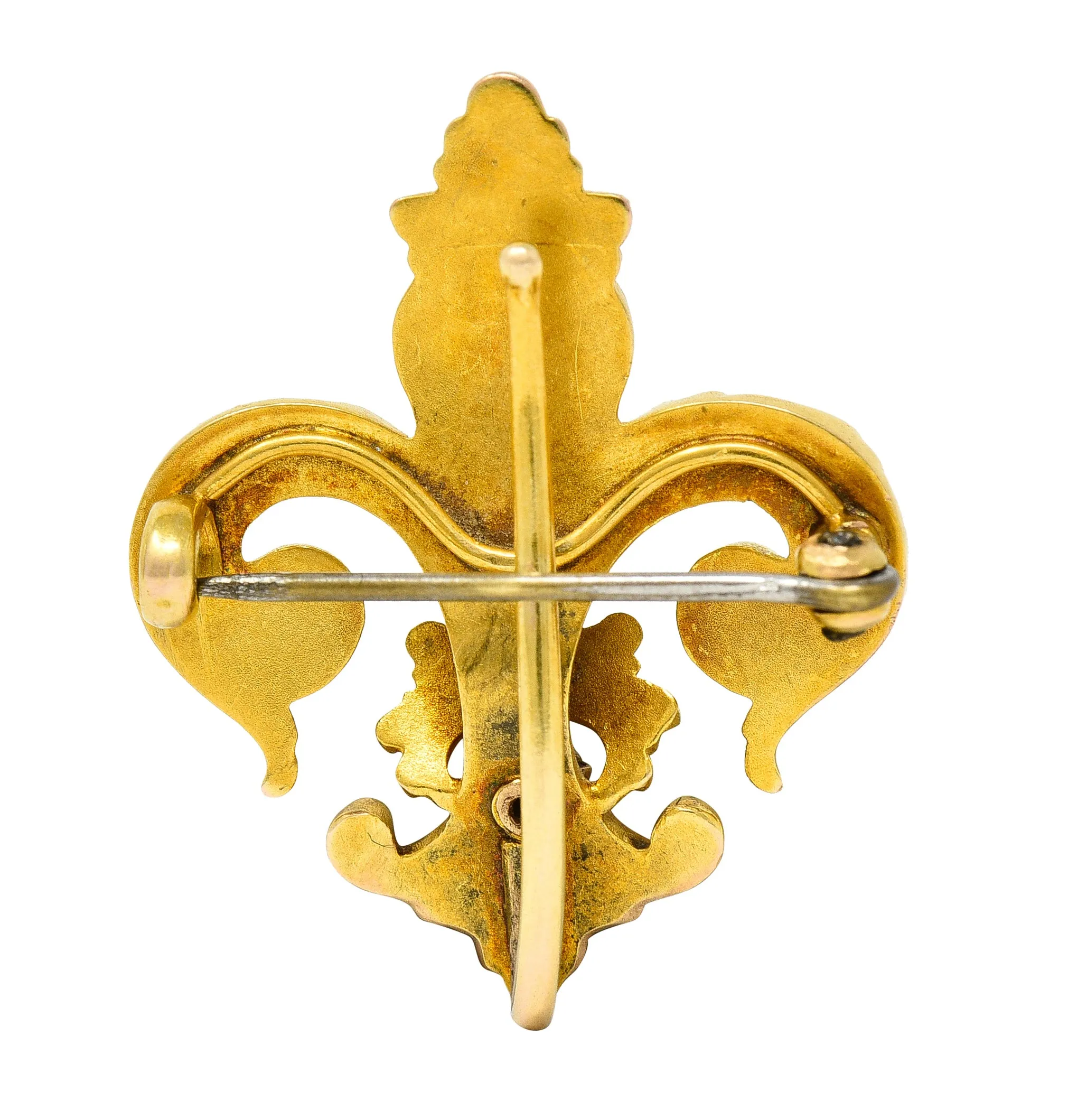 Victorian Old European Cut Diamond Enamel 18 Karat Yellow Gold Fleur-De-Lis Crown Antique Brooch
