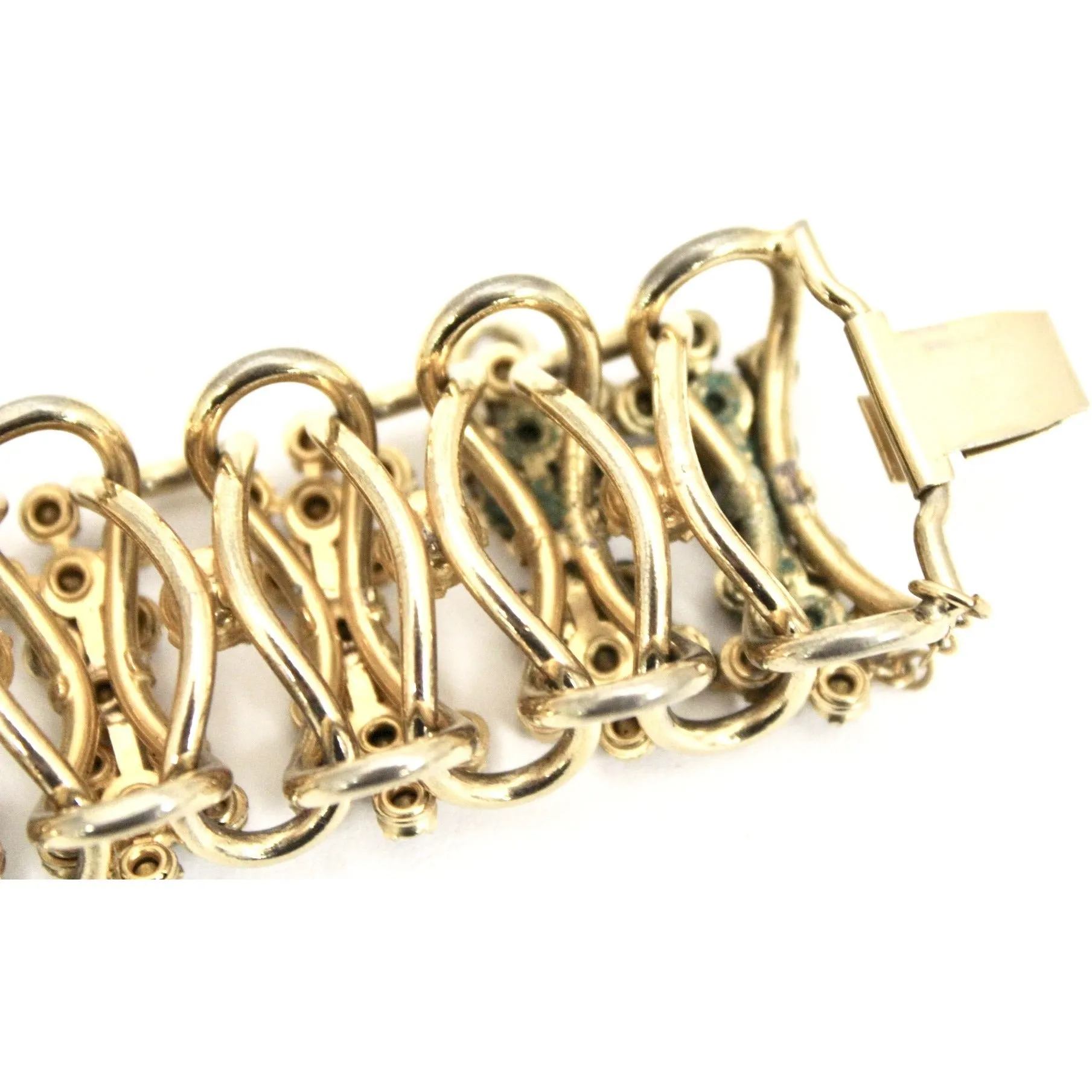 Vintage Bracelet 1950s Rolo Chain High Relief Blue Prong Set Rhinestones Gold Tone  7.25"
