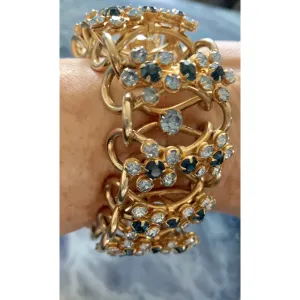 Vintage Bracelet 1950s Rolo Chain High Relief Blue Prong Set Rhinestones Gold Tone  7.25"