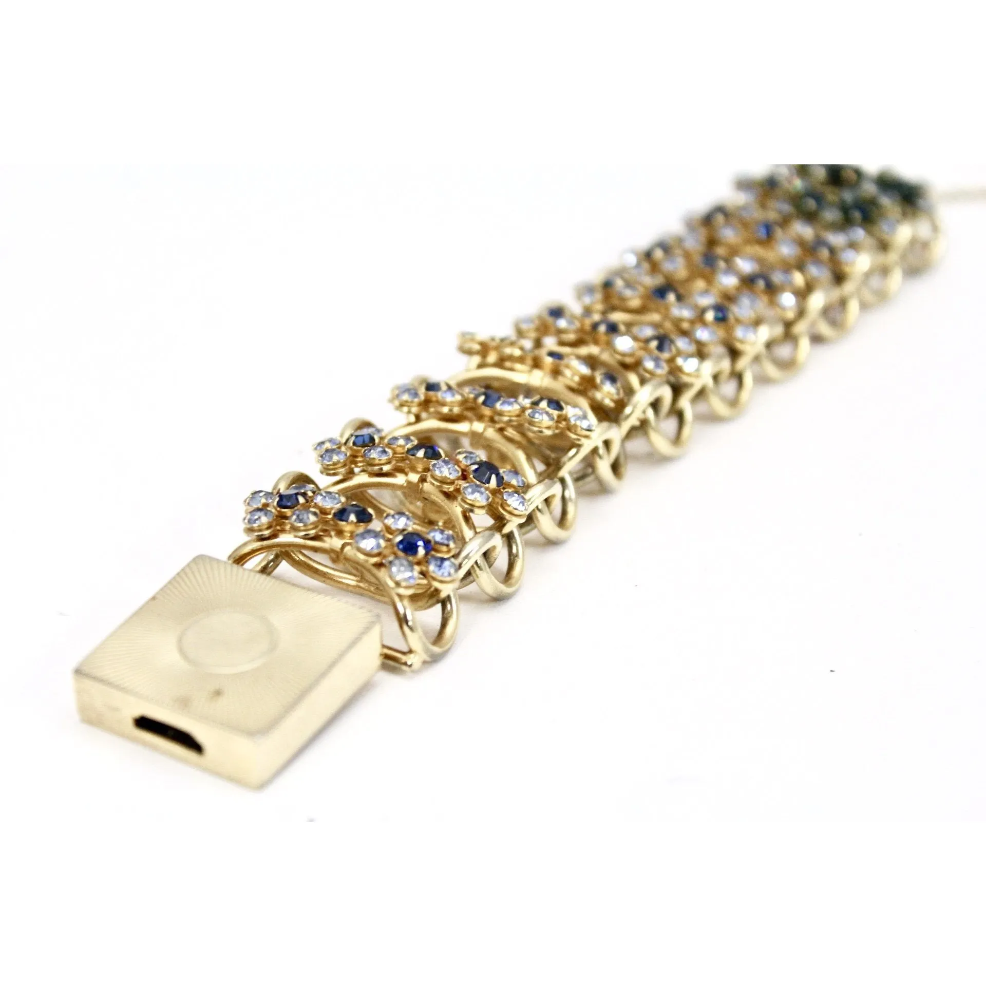 Vintage Bracelet 1950s Rolo Chain High Relief Blue Prong Set Rhinestones Gold Tone  7.25"