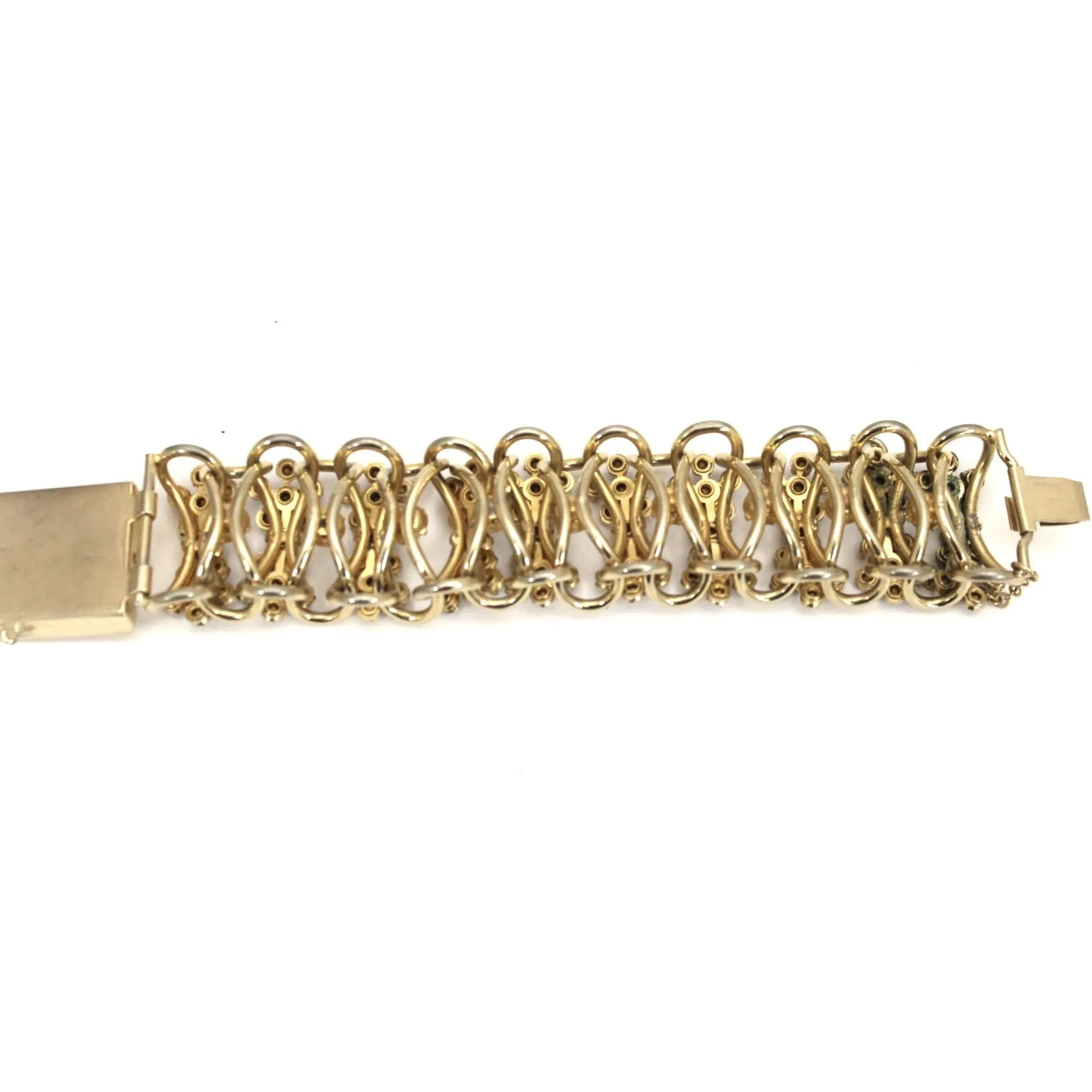 Vintage Bracelet 1950s Rolo Chain High Relief Blue Prong Set Rhinestones Gold Tone  7.25"