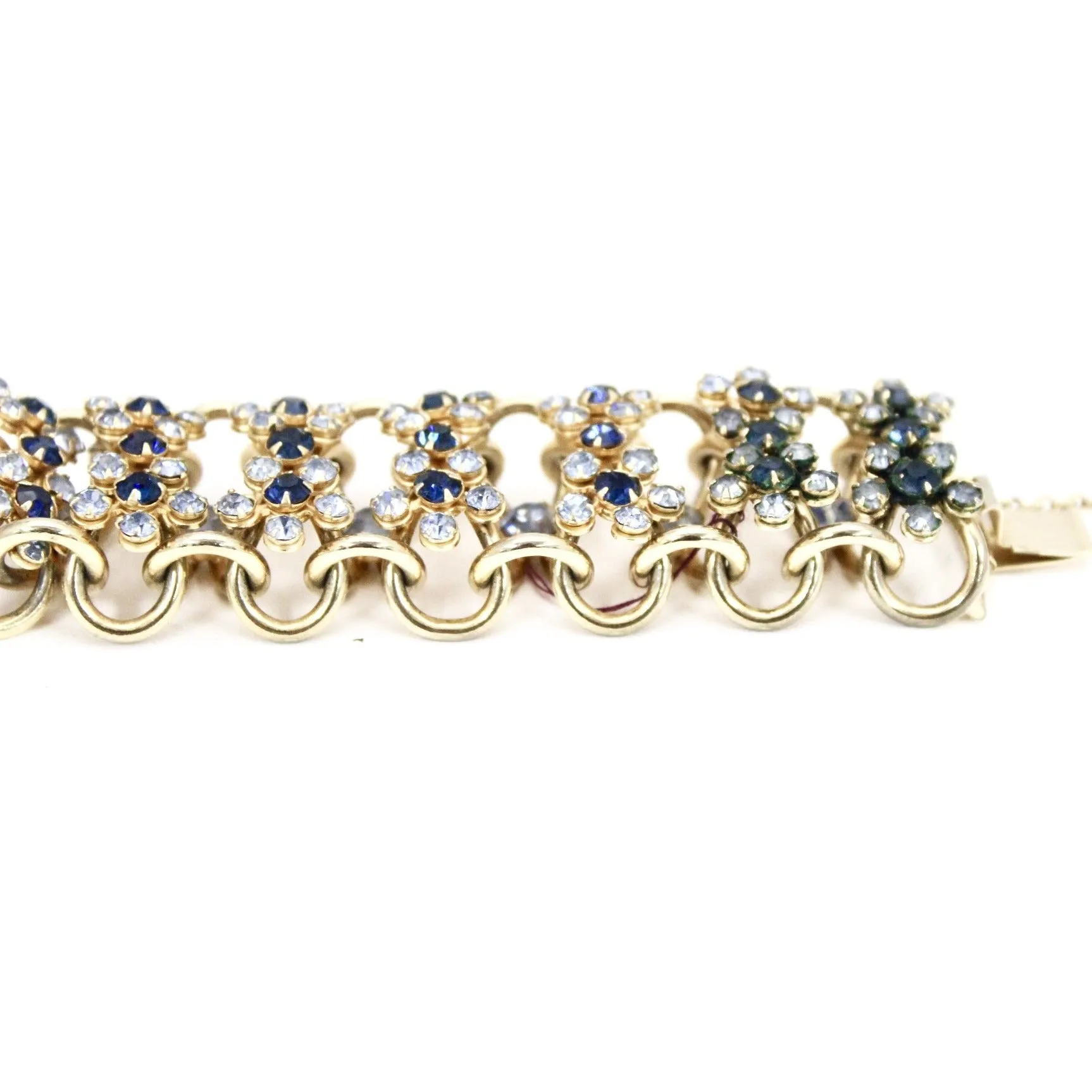 Vintage Bracelet 1950s Rolo Chain High Relief Blue Prong Set Rhinestones Gold Tone  7.25"